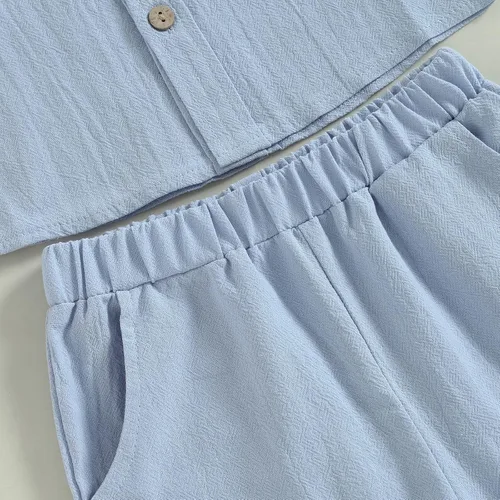 Miniatura 6 de DNOMAID YZARC Conjunto de 2 piezas de ropa de verano para bebé niño y niña, algodón sólido, lino, manga corta, con botones, pantalones cortos