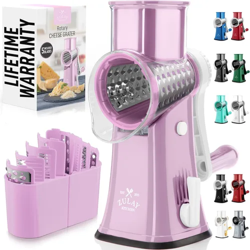 Miniatura 24 de Zulay Kitchen Rallador rotativo de queso de 5 cuchillas, rallador de queso manual de manivela con succión reforzada y 5 tambores intercambiables