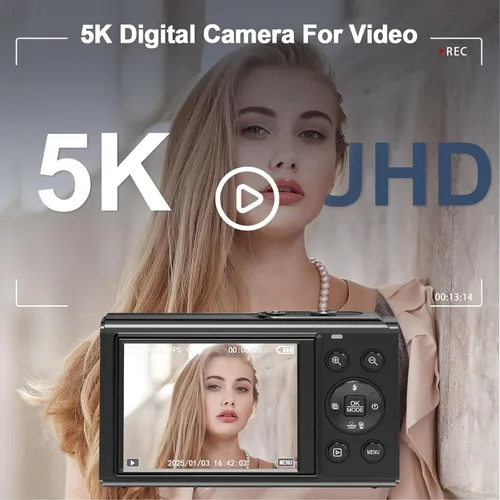 Miniatura 2 de Cámara digital 5K, cámara de vlogging de 80 MP para YouTube con zoom digital y flash de 18X, cámara de pantalla dual con tarjeta TF de 32 GB y 2