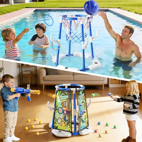 Miniatura 4 de NIPLOOOW Aro de baloncesto para piscina, juego de anillos flotantes 4 en 1 con 4 bolas, lanzador de bomba de aire y bolas adhesivas, juego