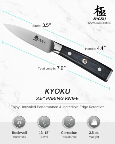 Miniatura 5 de KYOKU Cuchillo de pelar de 3.5 pulgadas, cuchillo de pelar de la serie Samurai con mango de madera de Pakka, cuchillo afilado de acero de alto