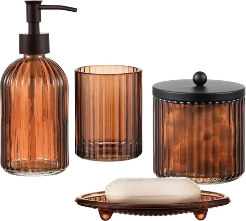 Juego de 4 accesorios de baño de vidrio pesado con patrón decorativo prensado, incluye dispensador de jabón de mano, vaso, jabonera y soporte para