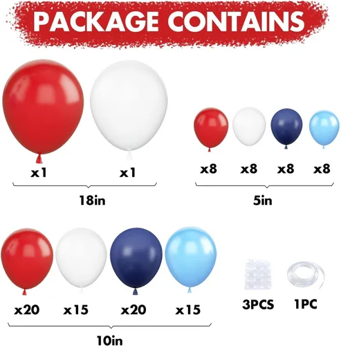 Miniatura 2 de Kit de arco de globos rojos, blancos y azules, globos de látex azul marino perla azul claro, rojo y blanco, guirnalda de globos de cumpleaños azul
