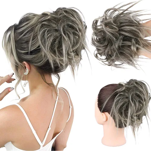 Miniatura 30 de HMD - Extensiones de cabello tipo chongo alborotado con rodelo despeinado, banda elástica de goma, extensiones de cabello sintético para mujer