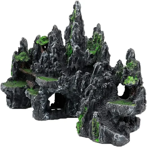 Miniatura 6 de PakyKai Adornos Grandes para Acuario de Peces, Ornamento de Acuario con Vista a la Montaña con Casa en el Árbol, Cueva, Puente y Plantas