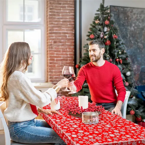 Miniatura 7 de ELECLAND Mantel de plástico de copos de nieve de Navidad, cubierta de mesa de copos de nieve de Navidad, mantel rectangular de fiesta de invierno