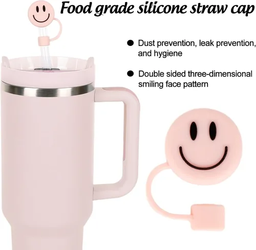 Miniatura 4 de Whaline 6 fundas de cara sonriente, color rosa claro, doble cara, con patrón de punta de 0.4 pulgadas, de silicona, reutilizable, redondo, para vaso
