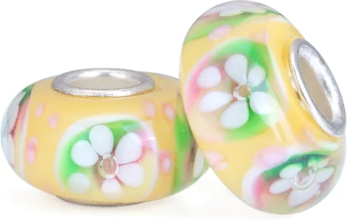 Miniatura 5 de RUBYCA Cuentas de cristal de Murano floral con núcleo de color plateado, ajuste europeo para hacer joyas, 6