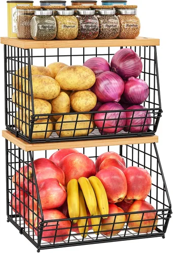 Miniatura 13 de Paquete de 3 cestas de frutas para cocina con tapa de madera - Almacenamiento de cebollas y papas montado en mostrador y pared con placa