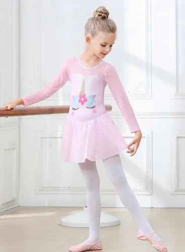Miniatura 57 de EQSJIU Leotardo de baile de manga larga para niñas, vestido de ballet brillante con copo de nieve, tutú con falda tutú para niñas