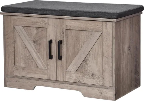 Miniatura 17 de HOMSHO Banca de almacenamiento de 2 niveles, banca para zapatos de 70 cm de ancho con cojín de asiento acolchado, banca de entrada con 2 puertas