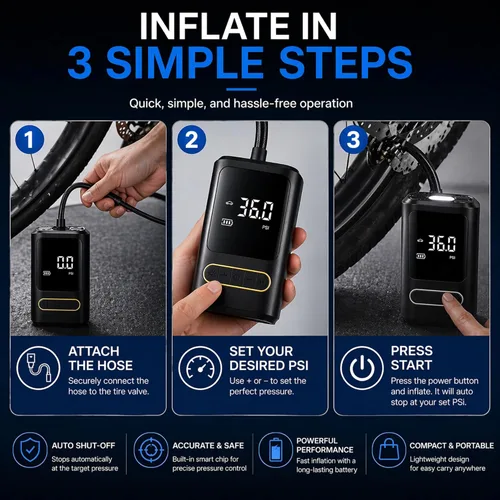Miniatura 8 de Compresor de aire portátil para bicicleta: mini bomba eléctrica para neumáticos con apagado automático, compatible con múltiples válvulas, inflador