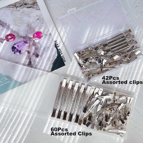 Miniatura 7 de HiJeaton 42 piezas de pinzas para el pelo de metal plateado con pico de pato para peinar y separar, pinzas largas de pico de pato, rulos de pinza