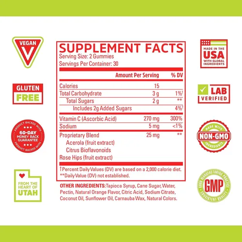 Miniatura 2 de Zhou Gomitas de vitamina C + - Gomitas de vitamina C para adultos y niños, 270 mg por gomita con bioflavinoides y acerola para apoyo inmunológico