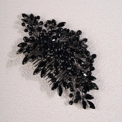 Miniatura 3 de Jumwrit Diadema hecha a mano con diamantes de imitación y cuentas para el pelo y accesorio de boda para mujeres y niñas (negro)