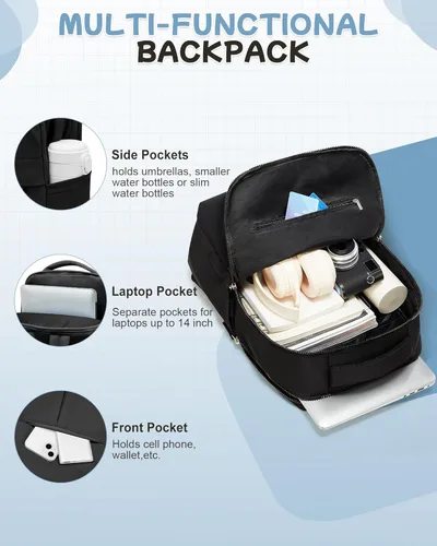 Miniatura 8 de Mochila pequeña para laptop para mujer, bolsa de computadora de 14 pulgadas con bolsillo trasero antirrobo oculto, mochila de viaje ligera