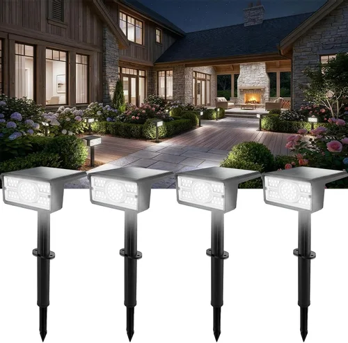 T-SUN Focos solares para exteriores, paquete de 4 unidades, 49 LED, 2 modos de iluminación, IP65 impermeables para paisaje, luces LED de atardecer a