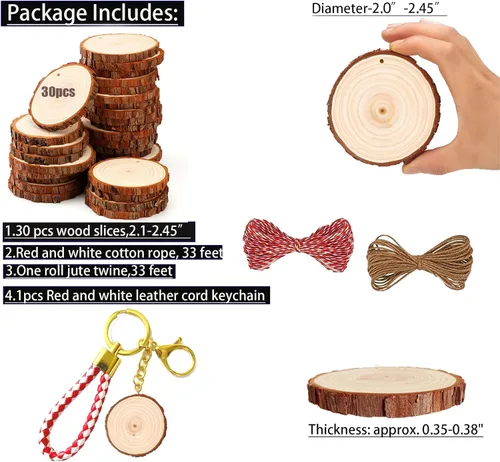 Miniatura 3 de SENMUT Rebanadas de madera natural, 30 unidades de círculos de madera preperforados de 2.0 a 2.45 pulgadas para manualidades, rebanadas de madera