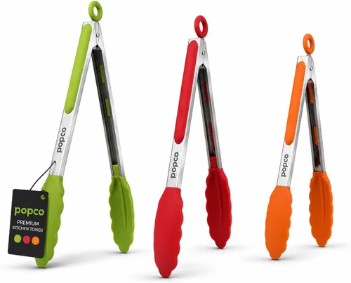 Miniatura 8 de Popco Juego de pinzas de cocina de 3 piezas, puntas de silicona resistentes al calor, agarre fuerte y cómodo, 3 tamaños (7, 9, 12 pulgadas), Rojo