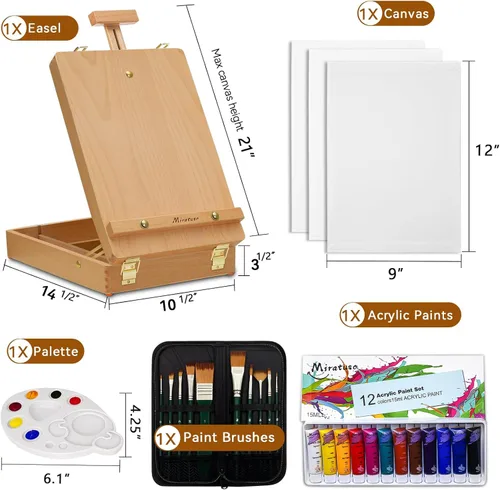 Miniatura 2 de Deluxe Art Supplies - Juego de arte de 27 piezas con caballete de mesa, pintura acrílica de 12 colores, 10 pinceles de pintura, 3 paneles de lienzo