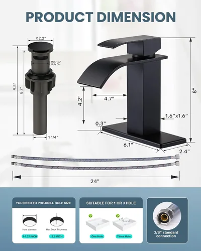 Miniatura 6 de ARCORA Grifo de baño en cascada negro mate para lavabo de baño, grifo mezclador de una sola manija, grifo de tocador lavatorio con placa de cubierta