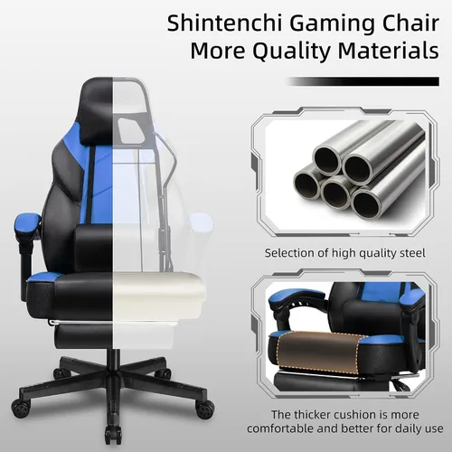 Miniatura 4 de Silla de juego Shintenchi, silla para videojuegos con reposapiés y soporte lumbar de masaje, silla de juego ajustable en altura con asiento