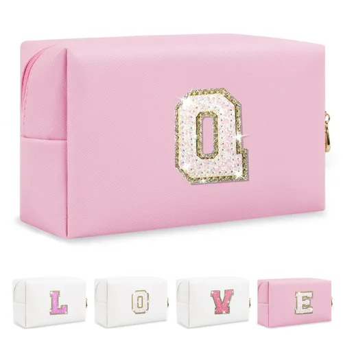 Miniatura 77 de Pequeña bolsa de maquillaje personalizada con inicial A-Z Preppy Patch, bolsa de cosméticos de viaje de felpilla blanca con cremallera, bonita bolsa