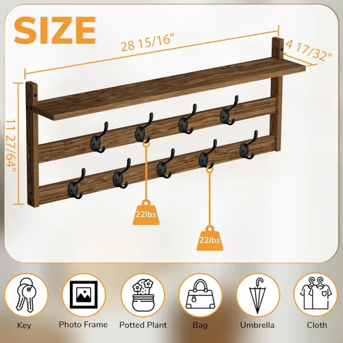 Miniatura 3 de AMBIRD Perchero de pared con estante, perchero de pared de 29" con 9 ganchos de metal para entrada, baño, dormitorio, sala de estar, cocina, ganchos