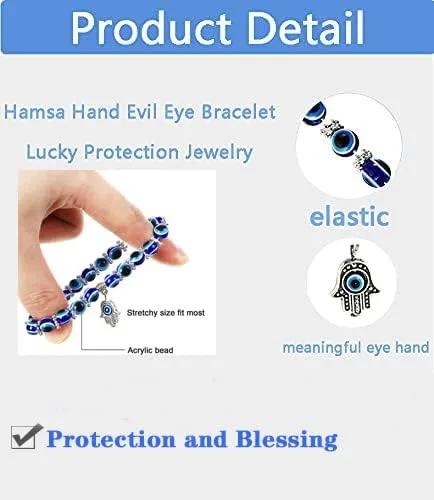 Miniatura 4 de RUIZHEN - 2 Pulseras elásticas con cuentas azules de ojo malvado, 7 chakras, piedra de lava, mano de Hamsa
