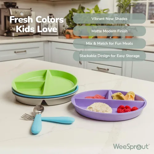 Miniatura 6 de WeeSprout platos divididos de bambú y melamina para niños - Juego de 4 vajillas para niños pequeños, grado alimenticio, seguro para niños con diseño