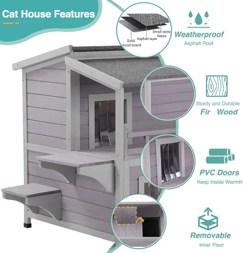 Miniatura 2 de Casa climatizada para gatos al aire libre, refugio aislado resistente a la intemperie de 2 pisos para invierno, almohadilla lavable desmontable