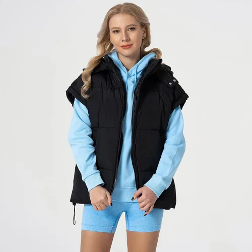 Miniatura 33 de Shiyifa Chaleco acolchado para mujer, chaqueta de gran tamaño, sin mangas, ligera, con cremallera, con capucha desmontable