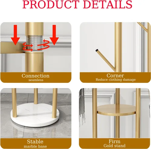 Miniatura 4 de Percheros de oro para abrigos independientes con 9 ganchos, soporte de metal para abrigos con base de mármol pesada, colgador de abrigos