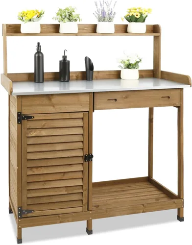 PetsCosset - Banco de jardinería con mesa de trabajo al aire libre, de madera, con superficie de mesa metálica, gabinete, cajón, estante inferior