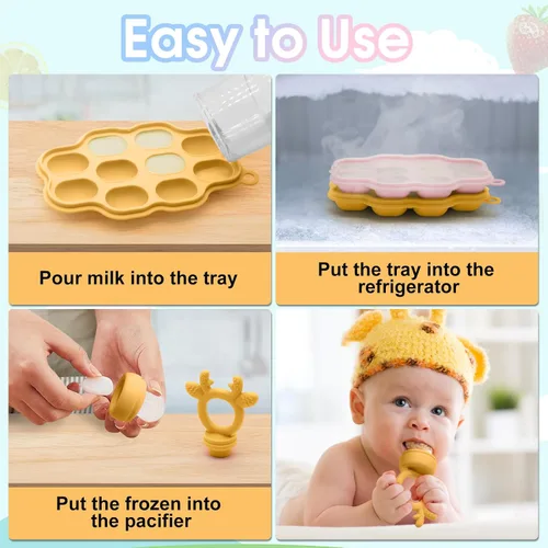 Miniatura 6 de Alimentador de frutas y moldes para paletas de leche materna para aliviar la dentición, sin BPA, de silicona, mordedor, chupete y mini bandeja