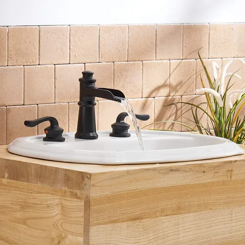 Miniatura 4 de BWE Grifo de baño generalizado de 3 agujeros, color negro mate con montaje de drenaje desplegable y manguera de suministro, cascada negra, de dos