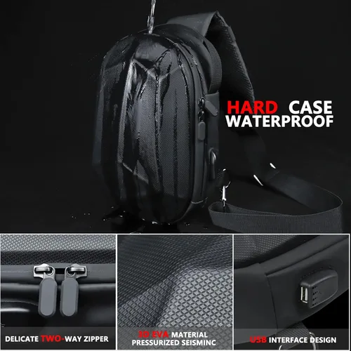 Miniatura 6 de Wzsipod Bolso cruzado de carcasa dura para hombre, mochila impermeable para mujer, mochila de pecho para senderismo casual con puerto de carga USB