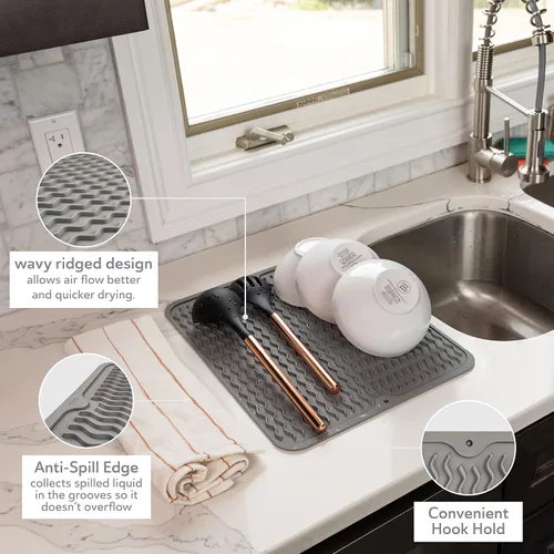 Miniatura 5 de Oizeir Tapete de silicona para secar platos, agujero de drenaje, antideslizante, resistente al calor, plegable. Ideal para platos, fregadero de Gris