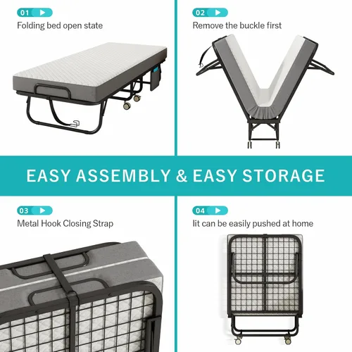 Miniatura 6 de Cama plegable con colchón para adultos, 75" x 31" cama rodante portátil tamaño catre, cama plegable de invitados con marco de metal con colchón