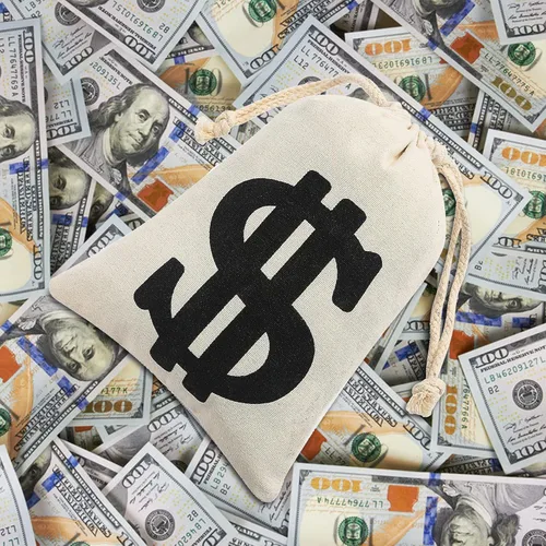 Miniatura 6 de Paquete de 4 bolsas de lona natural para dinero con cierre de cordón para recuerdos de fiesta, 6.3 x 9 pulgadas, letrero de dólar para ladrones