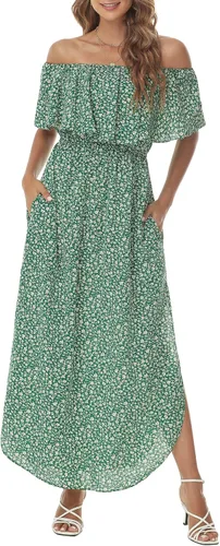 Sarin Mathews - Vestido de fiesta para mujer, estilo casual largo hasta los tobillos, con volantes, hombros descubiertos, abertura lateral y