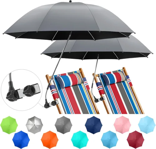 Paquete de 2 paraguas de playa con abrazadera, paraguas ajustable de 360° para silla, paraguas UPF50+ para silla de playa, silla de patio, silla de