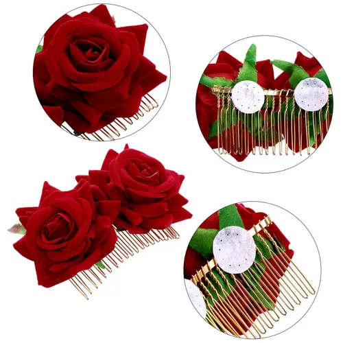 Miniatura 5 de Bememo Paquete de 2 pinzas para el pelo de rosas para mujer, peines laterales de rosas, flores flamencas, disfraces del Día de los Muertos, Rojo