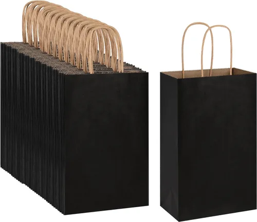 Oikss Paquete de 100 bolsas pequeñas de papel kraft de 5.25 x 3.25 x 8.25 pulgadas con asas a granel para cumpleaños, bodas, fiestas, comestibles,