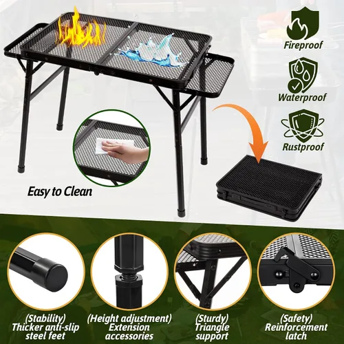 Miniatura 4 de Mesa de picnic de 2.5 pies con 2 paneles de alas, mesa plegable de malla de metal para parrilla plegable de altura ajustable, ligera y portátil