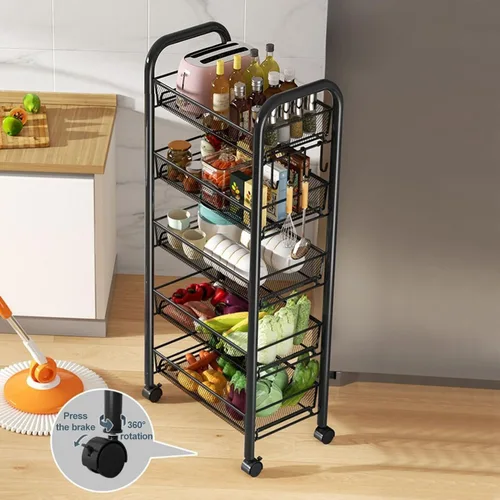 Miniatura 6 de Talent Star Cesta de almacenamiento de 5 niveles para frutas y verduras para cocina, cesta de almacenamiento apilable de malla metálica con ruedas