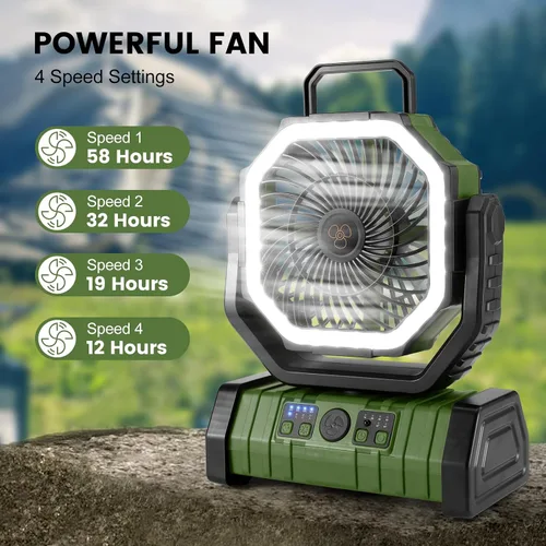 Miniatura 4 de Odoland Ventilador de camping de 30000 mAh con linterna LED, recargable, funciona con batería, oscilante con control remoto y gancho, ventilador