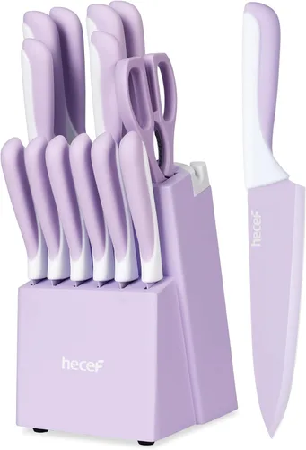 hecef Juego de cuchillos de cocina de 15 piezas con bloque de madera afilado integrado, apto para lavavajillas, juego de bloques de cuchillos de