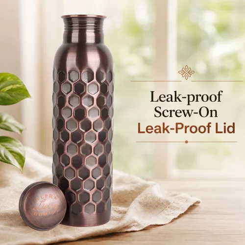 Miniatura 7 de Alpha Living Home Pure Copper Water Bottle Set of 3 - Handcrafted Drinking Bottles with Hammered, Diamond & Honeycomb Design - Leak Proof Wide Mouth