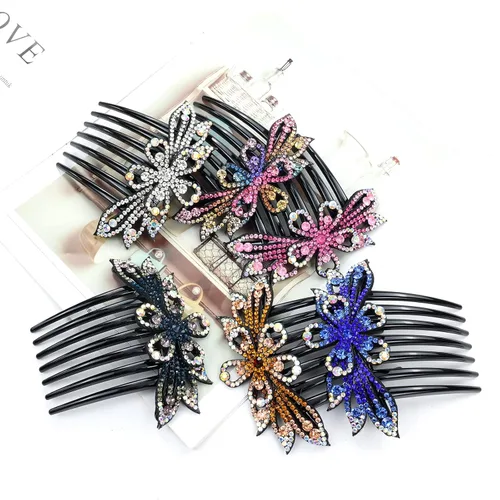 Miniatura 6 de Lawie Paquete de 6 peines laterales grandes de cristal con diamantes de imitación, dientes largos y brillantes, accesorios decorativos de plástico
